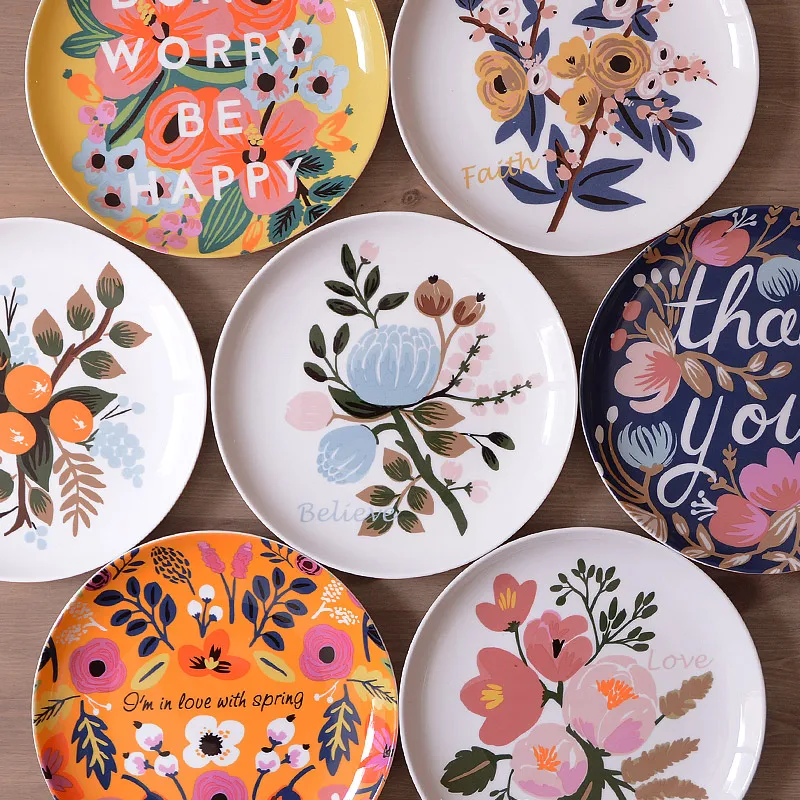 

8 Inches Wall Hanging Decorative Plate Flower Pattern Ceramic Dinner Plates Home Dinnerware kitchen plates sets platos coreanos