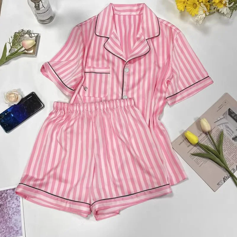 Ling 2PCS Short Sleeved Set for Summer Pink Striped Pajamas Fashion Women's Home Wear Ice Silk Satin Lingerie Sleepwear Women