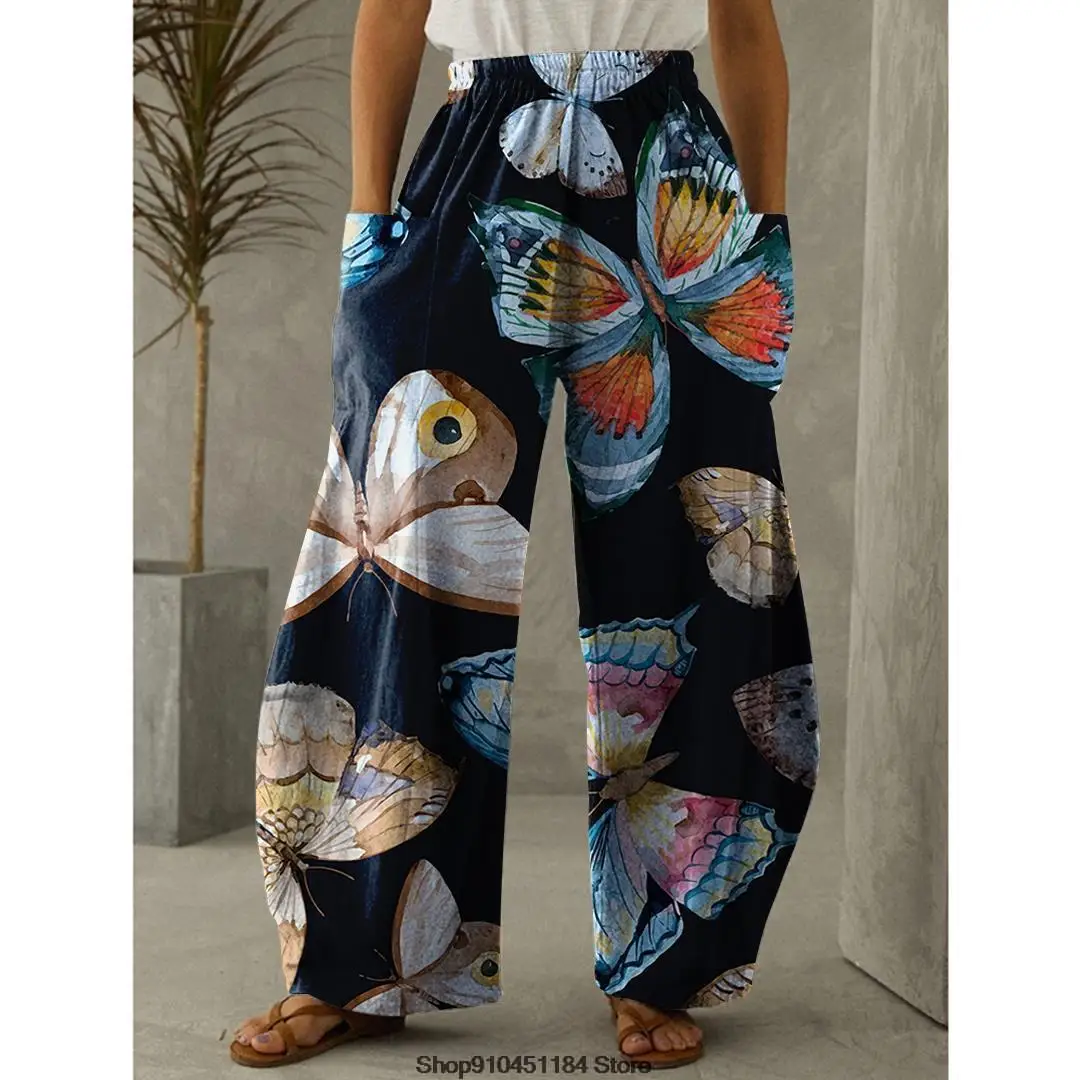 2022 Spring Butterfly Print Long Pants Casual Loose Trousers Bohemian Vintage Beach Wear Women Pretty Wide Leg Trousers