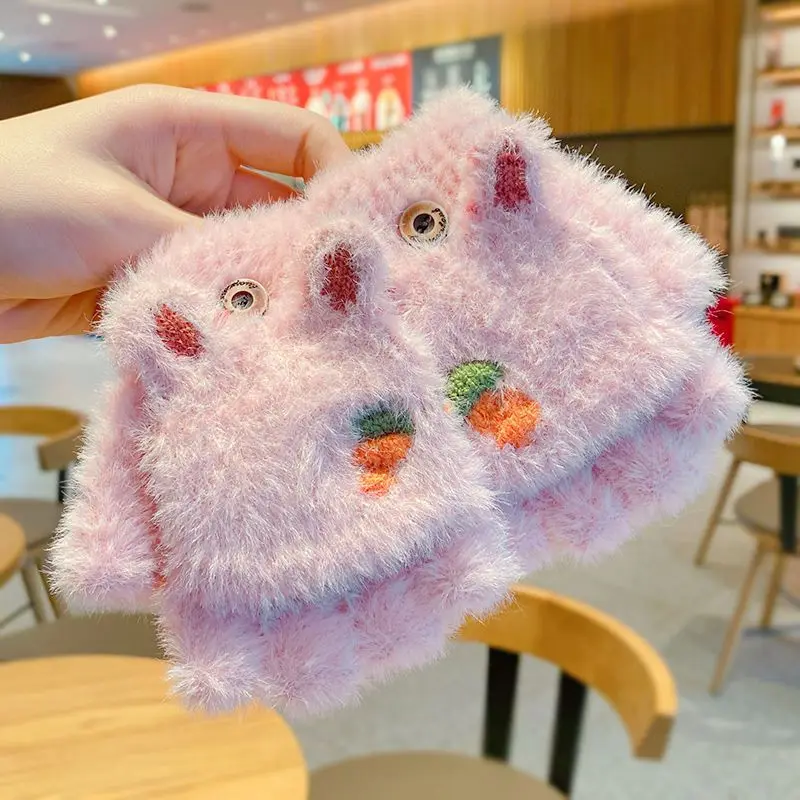 Gloves aged 3 to 6 to 12, winter plush insulation and cold resistance Korean version, cute half finger student for winter women