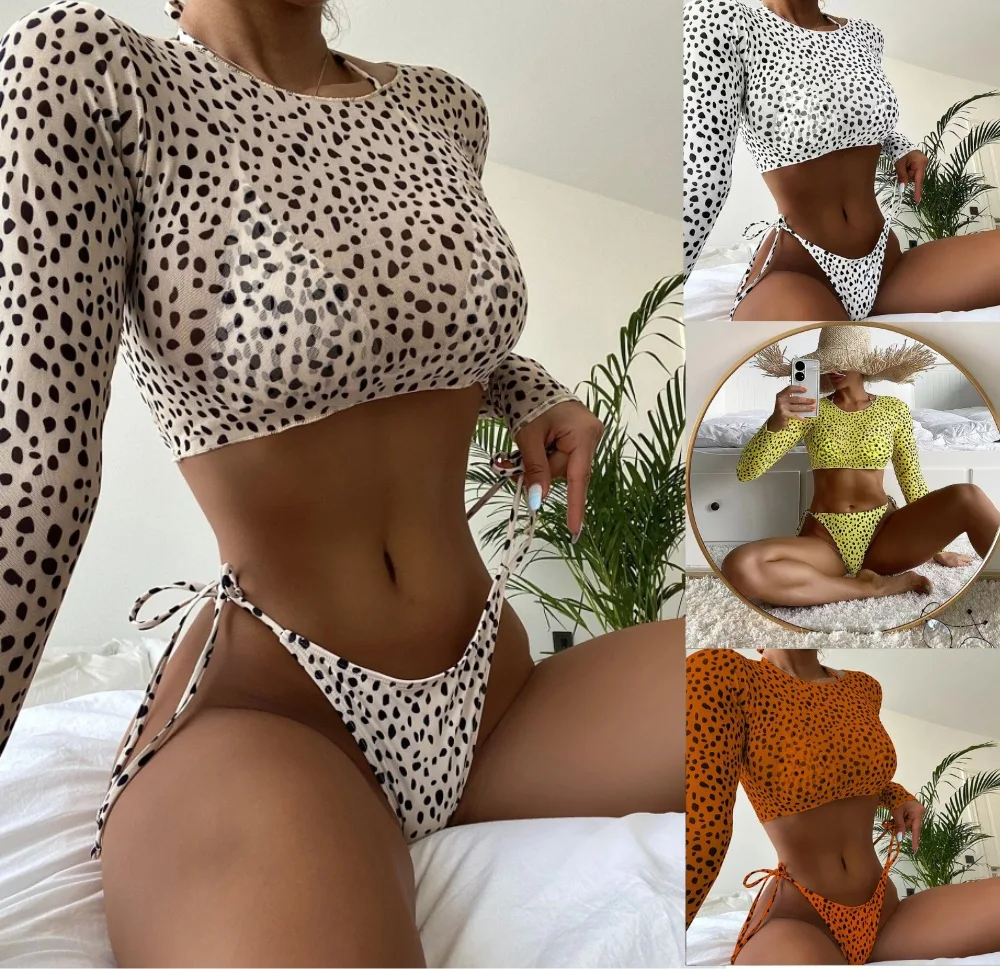 

S- XXL Leopard Printed Long Sleeve Bikini Women Swimwear Female Swimsuit Three-pieces Bikini set Bather Bathing Suit Swimwear