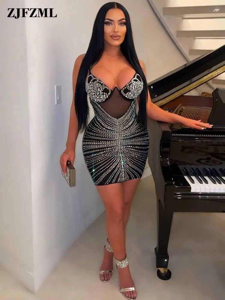 

Glitter Rhinestones Spliced Birthday Homecoming Dress Woman Sexy Cleavage Spaghetti Strap Skinny Night Out Club Party Vestidos