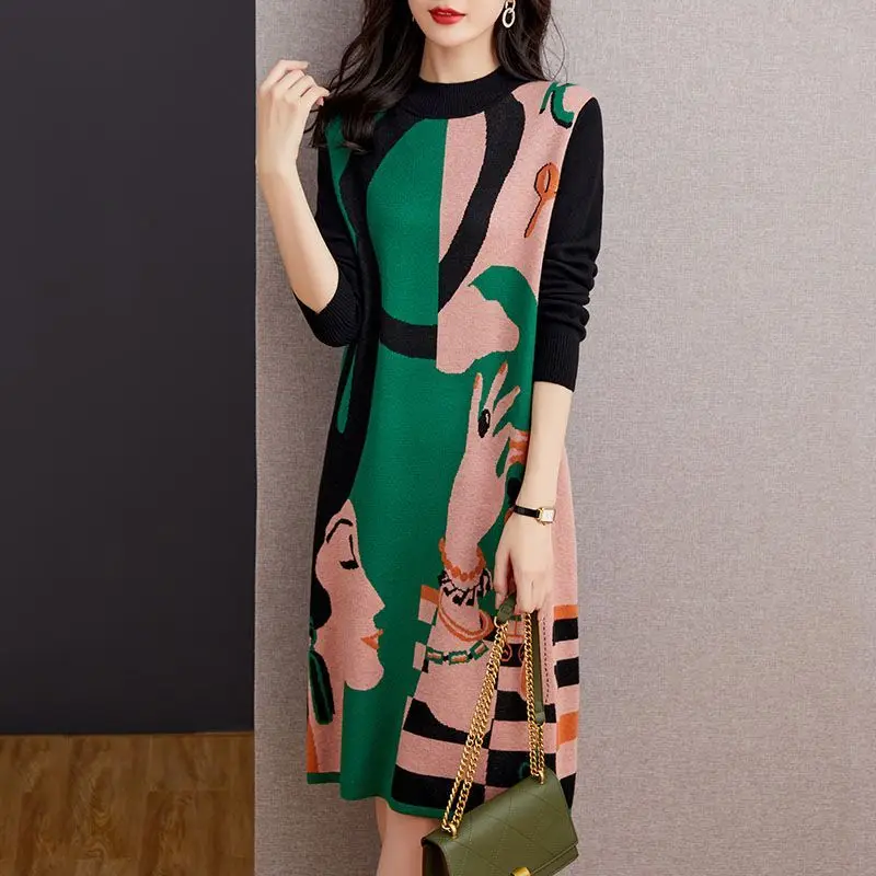 Oversize Women Clothes Autumn Winter Fashion Knit Print Dress 2023 New