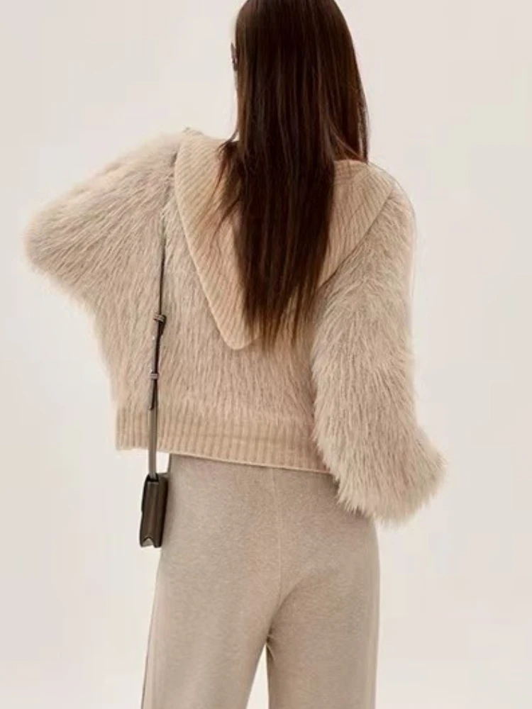 Autumn and Winter New Plush Solid Color Women's Long-sleeved Sweater Cardigan Single-breasted Elegant Hooded Knitted Jacket