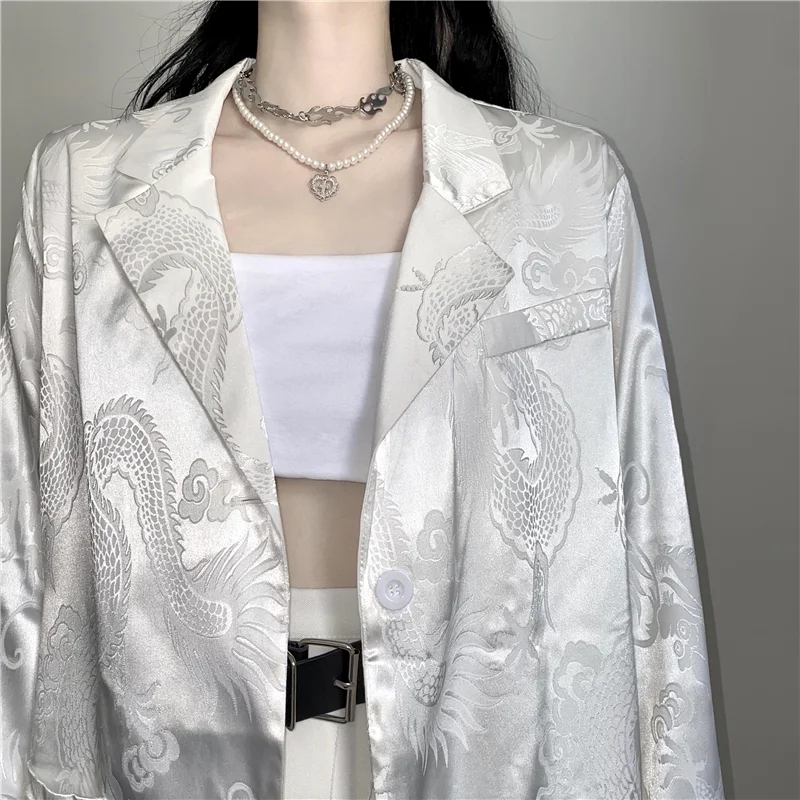 2023 New Blazer Women Korean Fashion Casual Gothic Vintage Dragon Jacket Retro Long Sleeve Thin Loose Blazers Coat Streetwear