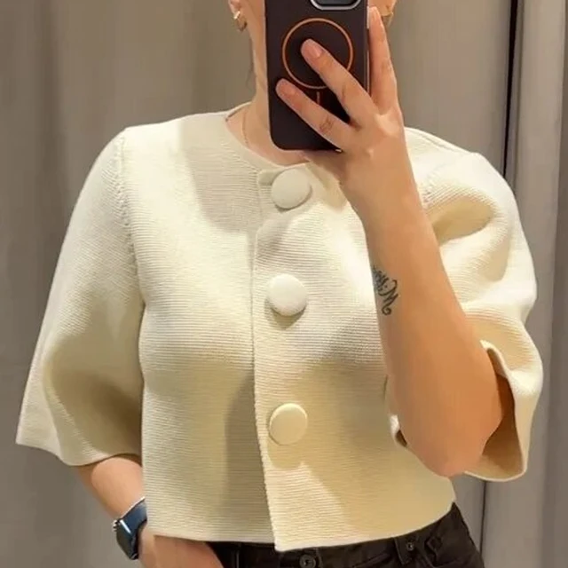 HXAO Women's Cropped Knit Cardigan Summer 2026 Elegant Off White Button O-Neck Short Sleeve Tops For Woman Resort Bolero Sweater 2