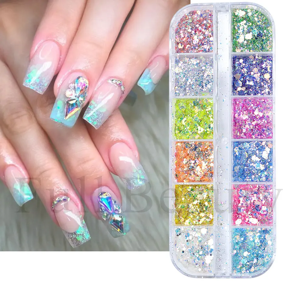 Nail Powder Nail Glitter Nail Pigment Nail Decoration Nail Decorations Nail Flakes Nail Powder Set 1Box Mermad Iridescent Hexagon Nail Art Glitter Sequins Holographic Flake Powder Paillette Gel Polish Decorations For Nails