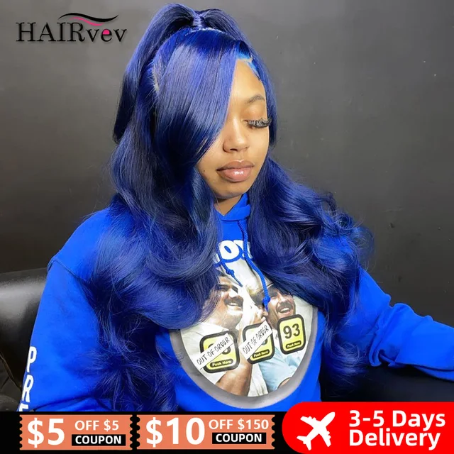 Perruque Lace Front Wig Body Wave Naturelle, Cheveux Humains, Bleu Foncé, 13x4, Pre-Plucked, Transparent, pour Femme 1