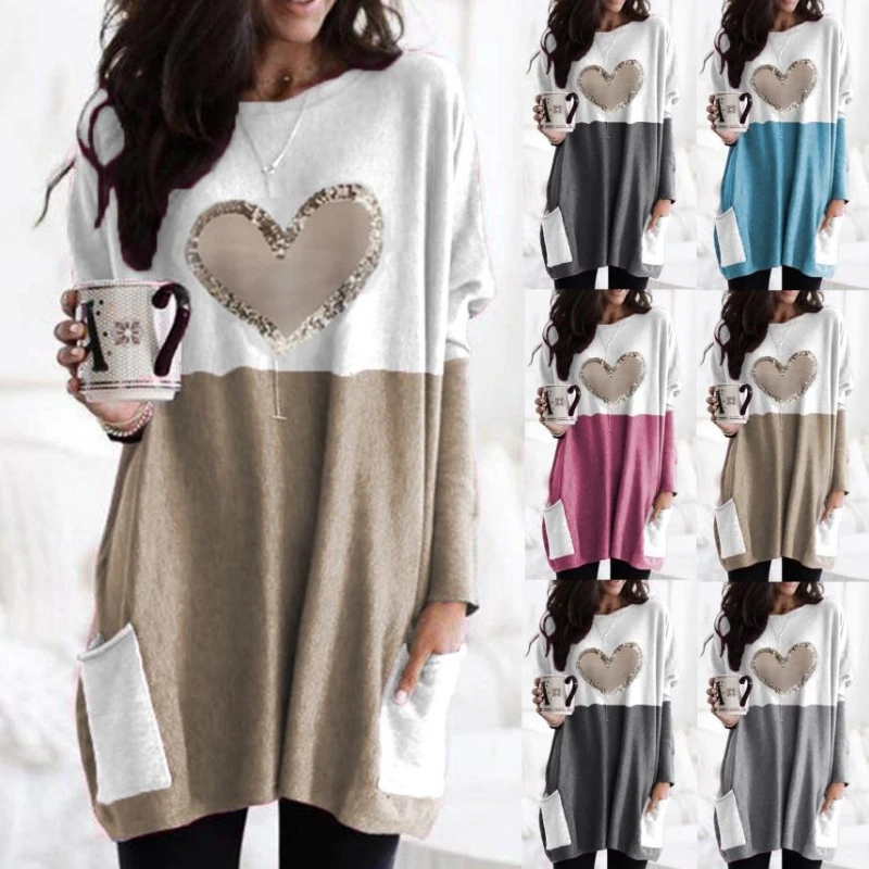 

Fashion New Women's 2023 Autumn/Winter Long Sleeve Love Print Pullover Casual Round Neck Loose Contrast Panel T-Shirt S-5XL