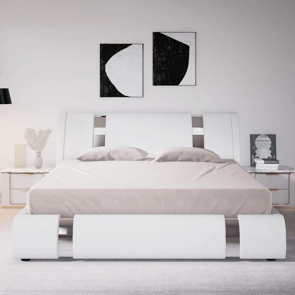 King Size Bed Frame with Iron Piece Decor, Faux Leather Upholstered Platform Beds with Adjustable Headboard, King Bed Frame 3
