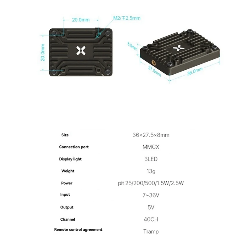 5.8G 2.5W VTX 40CH Video Transmitter Built-In Microphone With MMCX Interface For FPV Long Range Drone