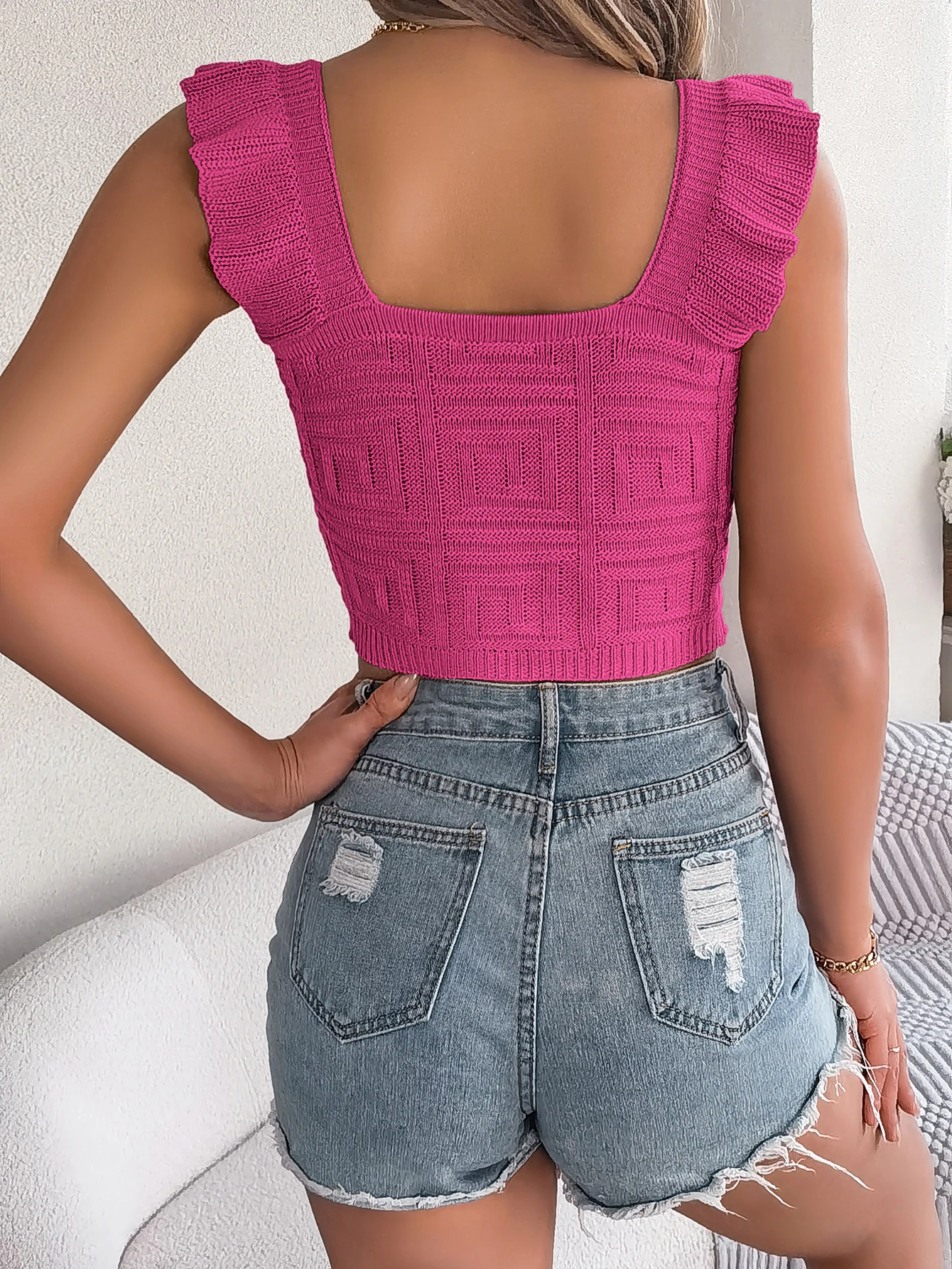 Pink Rose Red Knitted Crop Top for Women
