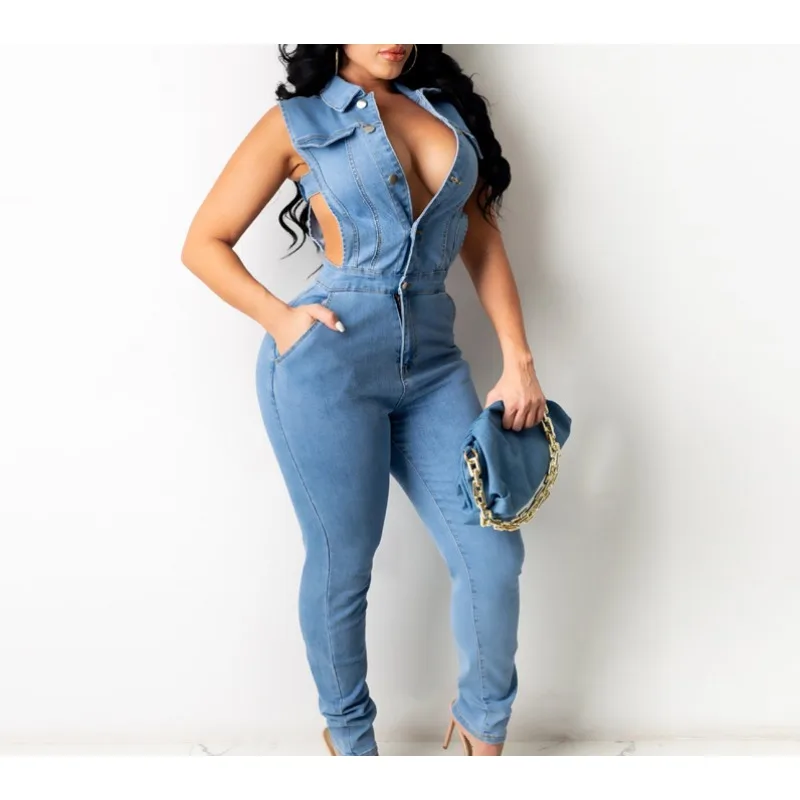 

2023 Women Denim Jumpsuit Hollow Out Sleeveless Turn-down Collar Single Breasted Stretchy Jumpsuits New Fashion Outfit Summer
