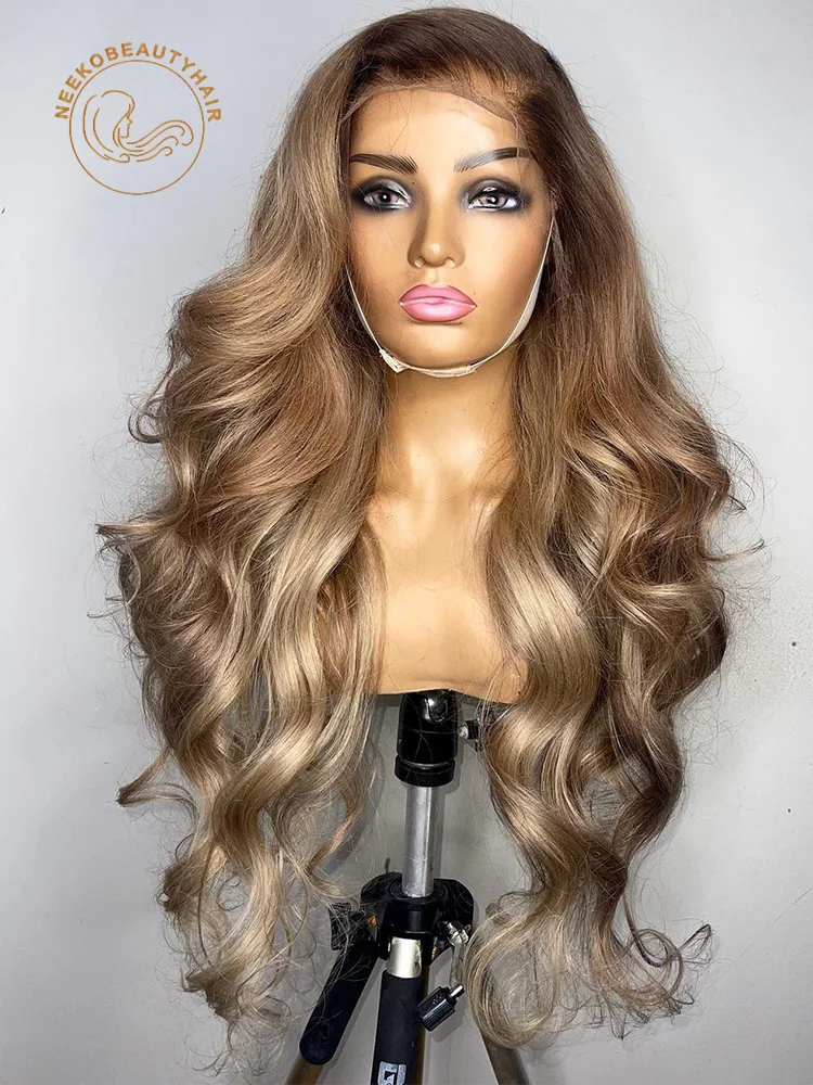 Honey Blonde Lace Front Wig Body Wave 13x6 HD Transparent Lace Frontal Wig Ombre Blonde Colored Human Hair Wigs With Brown Root