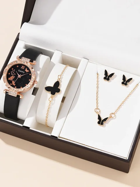 Relógio de luxo para mulheres, colar anel brincos pulseira conjunto, pulseira de couro borboleta, relógio de pulso quartzo feminino, sem caixa, 4pcs