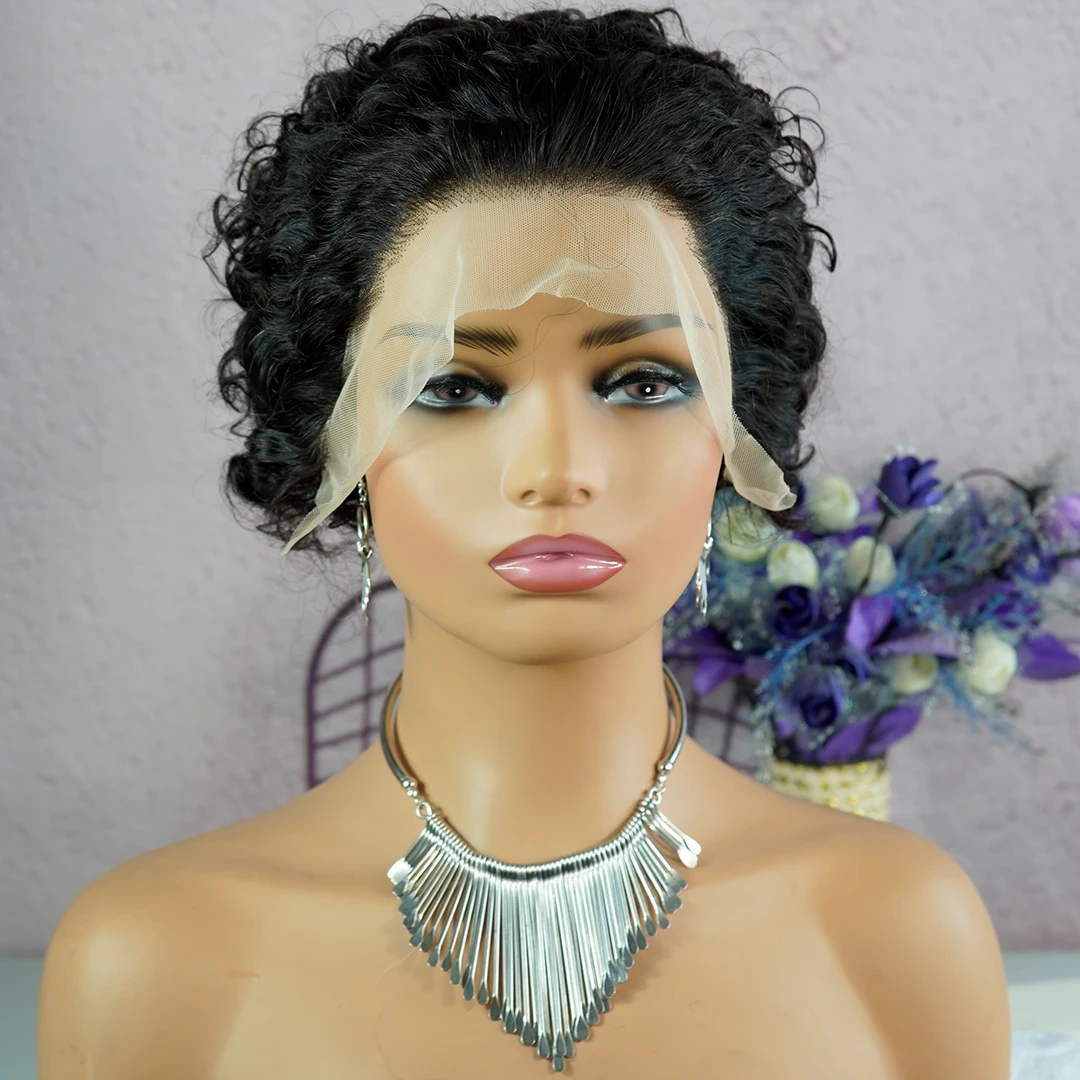 Short PiXie Cut Wigs 13X1 Lace Frontal Remy Human Hair Afro Spring curl Short Bob Human Hair for Black Women Brazilian 8inches