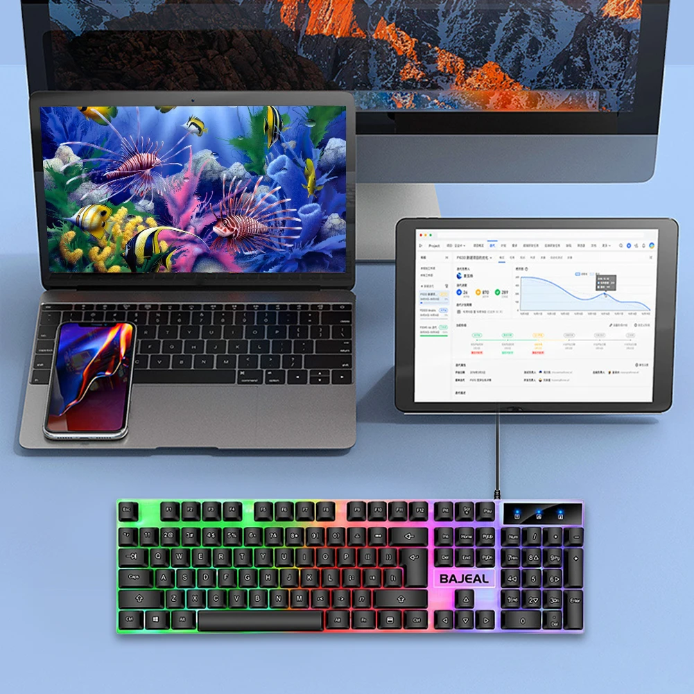 7 색 조명 백라이트 키보드, 98 키 기계식 키보드, 유선 USB 키보드, 1.5m 케이블, PC 게이머용 컴퓨터 노트북용