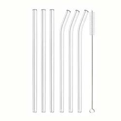 Eco - Friendly High Borosilicate Reusable Glass Drinking Straws - Set with Cleaning Brushes (6pStraw 1pBrush)