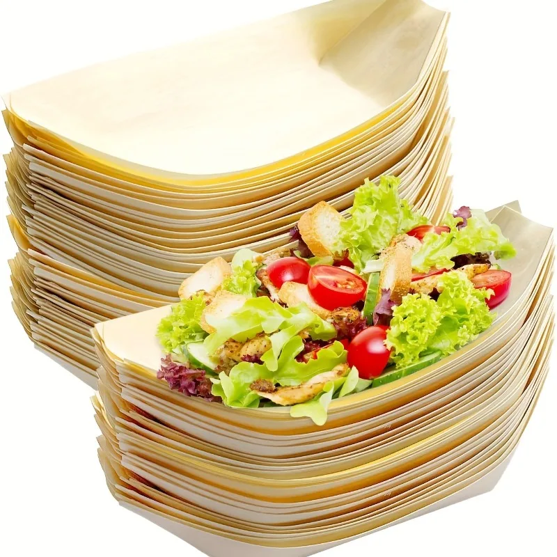 50pcs Environmentally Friendly Bamboo and Wood Boat Boards, Disposable, Compostable Pallets for Appetizers, Sushi Tableware