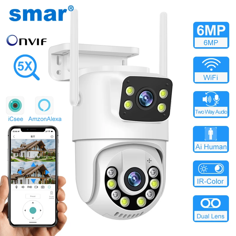 Smar 6MP PTZ IP CamerasOutdoor HD Security Protection Dual Lens Dual Screen Cam Auto Tracking Wifi CCTV Vedio Surveillance ICsee