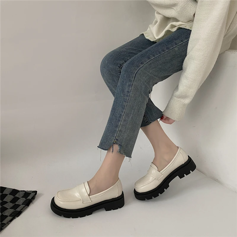 Rimocy Fashion Platform Women's Loafers 2022 Spring Thick Bottom Slip on Casual Shoes Woman Office Black PU Leather Flats Shoes