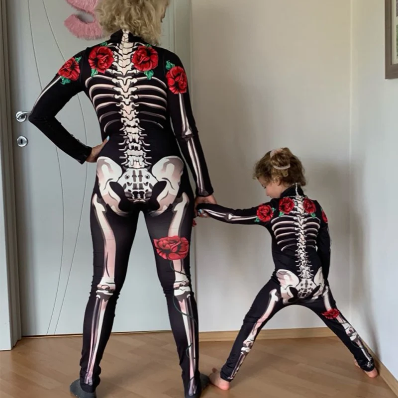 Rose Skeleton Women Kids Scary Costume Halloween Bodysuit Cosplay Jumpsuit Carnival Baby Girl Catsuit Day of The Dead For Adult