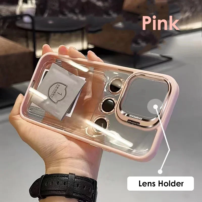 Lens Metal Ring Protector Stand Case with Camera Glass Protection and Transparent Back Cover