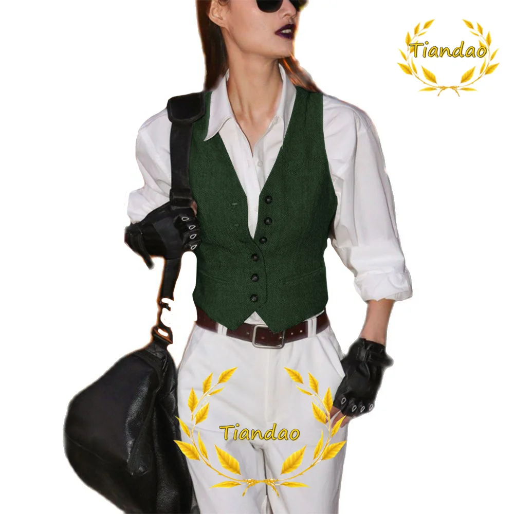 Vintage Women's Vest Herringbone Wool Sleeveless Jacket V-Neck Single Breasted Vest Steampunk Waistcoat for Lady