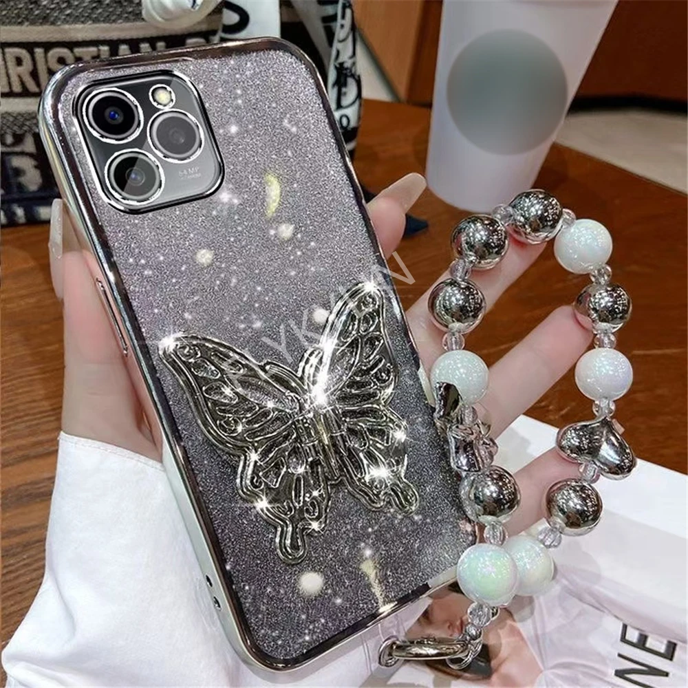 3D Butterfly Stand Holder Glitter Case with Lanyard