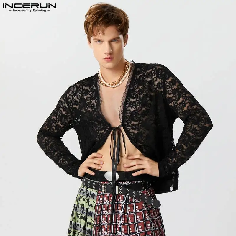 

Fashion Casual Style Tops INCERUN Handsome Men Lace Tie Shirt Stylish Male Hot Sale Thin Long Sleeved Cardigan Blouse S-3XL 2023