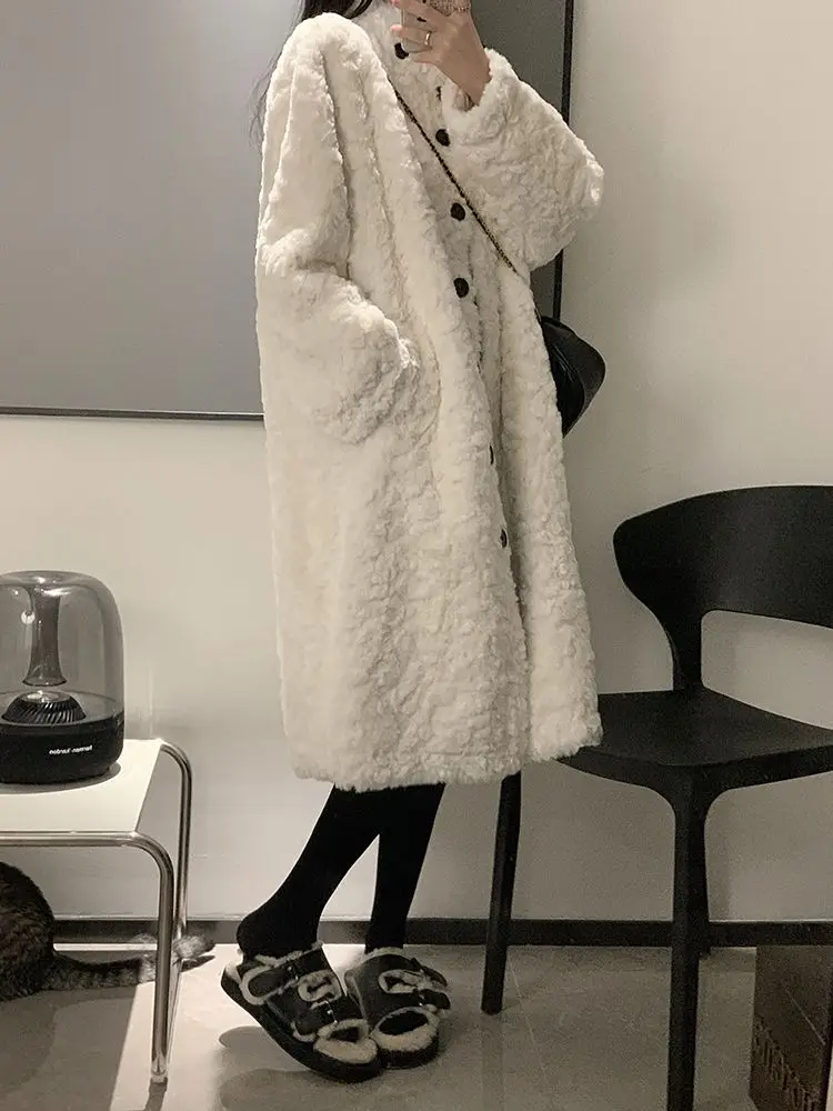 Winter Lambswool Coat Women Warm Faux Fur Jacket Thick Mid-length Fluffy Jacket Luxury Stand Collar Long Sleeve Overcoat Korean