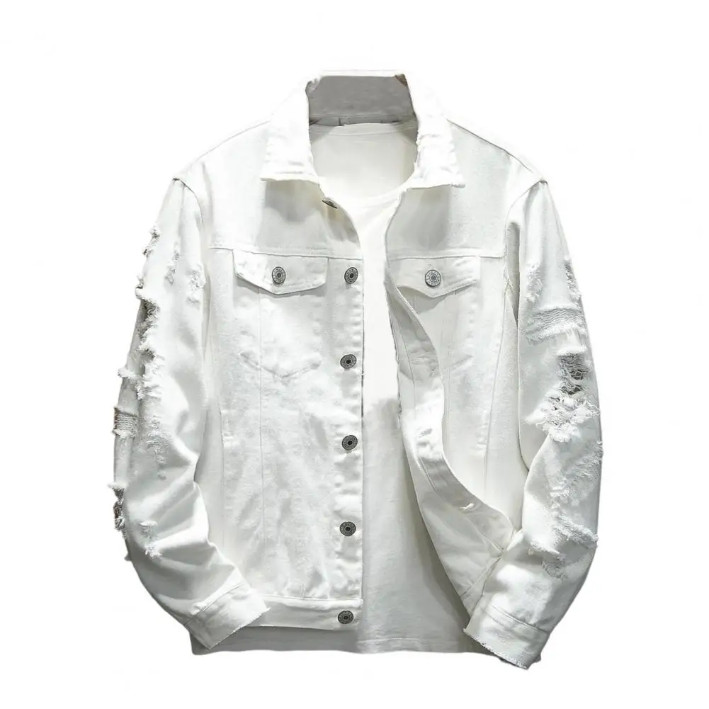 Giacca di jeans monopetto larga alla moda da uomo alla moda con buco strappato da indossare ogni giorno_voghion.com