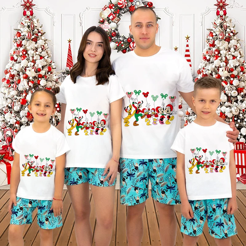thumbnail image 1 of Camiseta navideña de Mickey Minnie y Donald Duck, conjuntos familiares a juego, regalo navideño para papá y mamá, para niños, algodón puro, manga corta, 1 of 5
