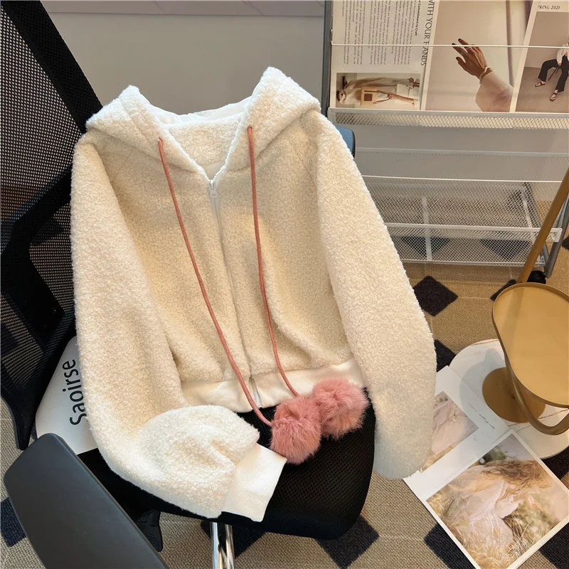 Short Hoodie Coats Women Lamb Wool Thick Loose Solid Color Long Sleeve Japanese Style Rabbit Ears Kawaii Daily Jackets Female