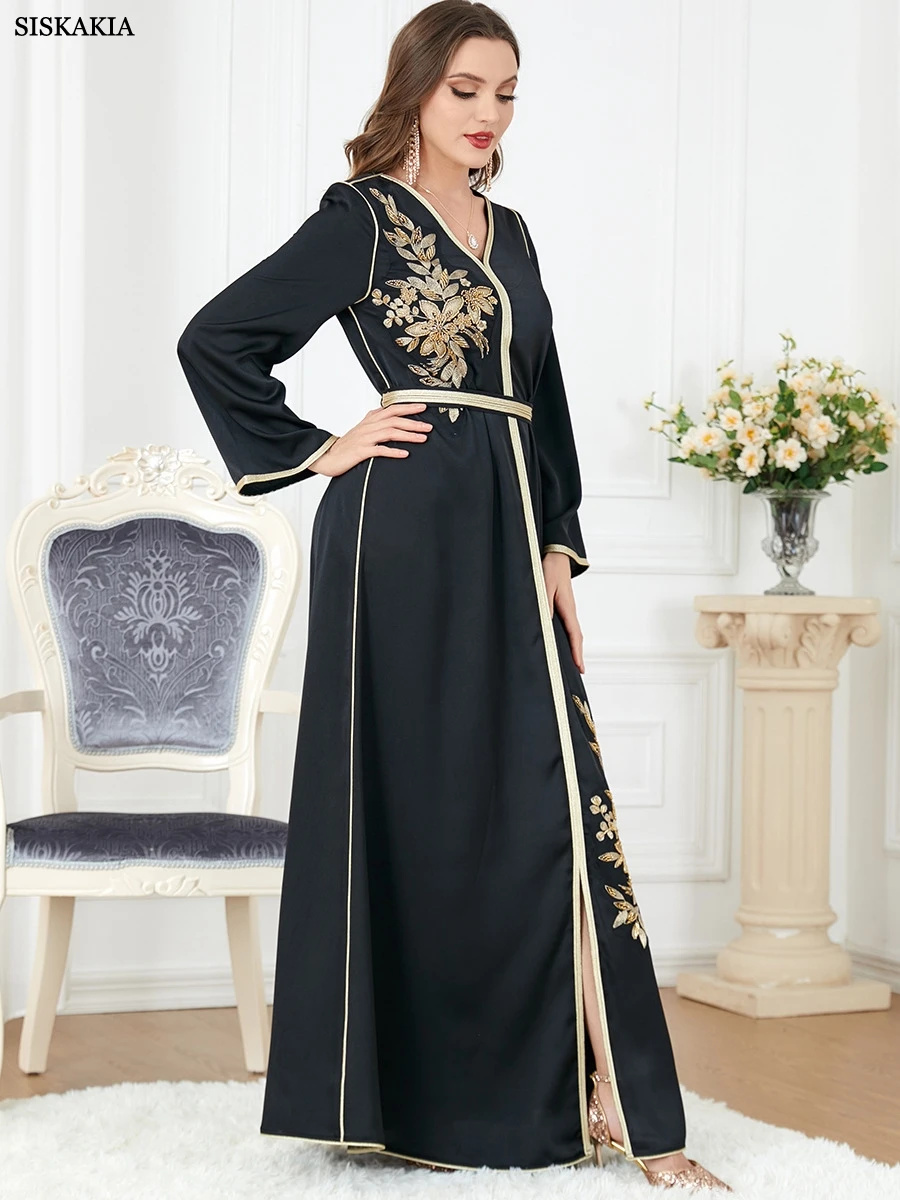 Floral Embroidery Guipure Lace Panel Belted Dress Elegant V nek Long Dresses Black Abaya Muslim Women