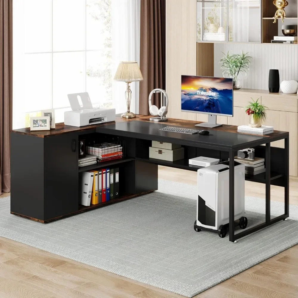 71 inch Executive Desk, L Shaped Desk with Cabinet Storage, Executive Office Desk with Shelves, Business Furniture