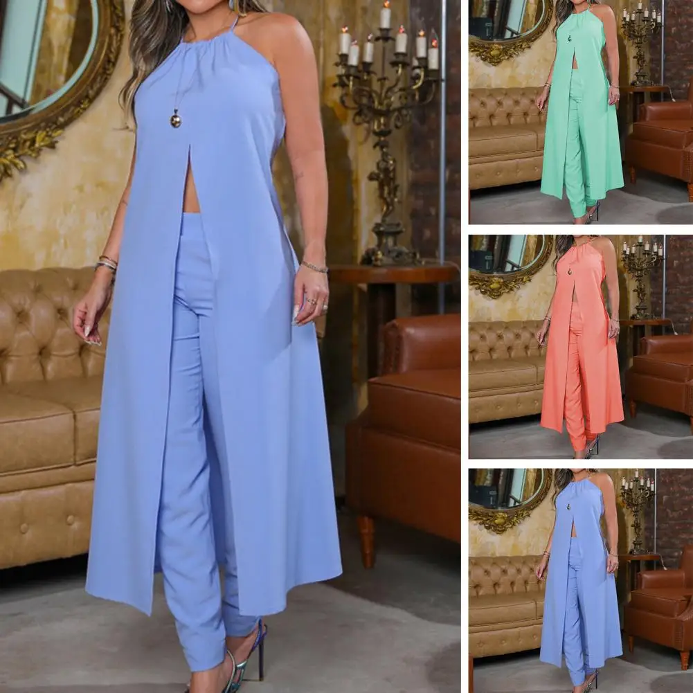 Lace Up Off Shoulder Halter Neck Sleeveless BlouseWomen Top Pants SetTrouser Suit Outfits 2Pcs/Set Solid Color High Waist