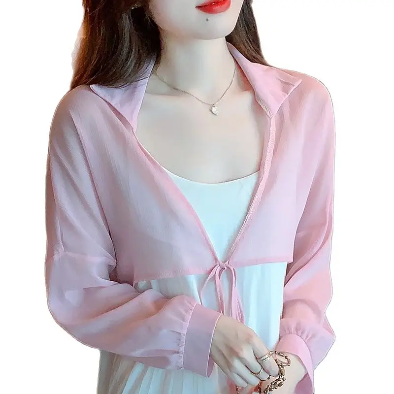 Wholesale Summer Loose Women Chiffon Shawl Prevented Bask Clothes Ultra-thin Short Design Female Chiffon Cape Office Lady Shirts women satin pants suit vintage office lady single button spliced shawl collar blazer female high waist two piece set suit