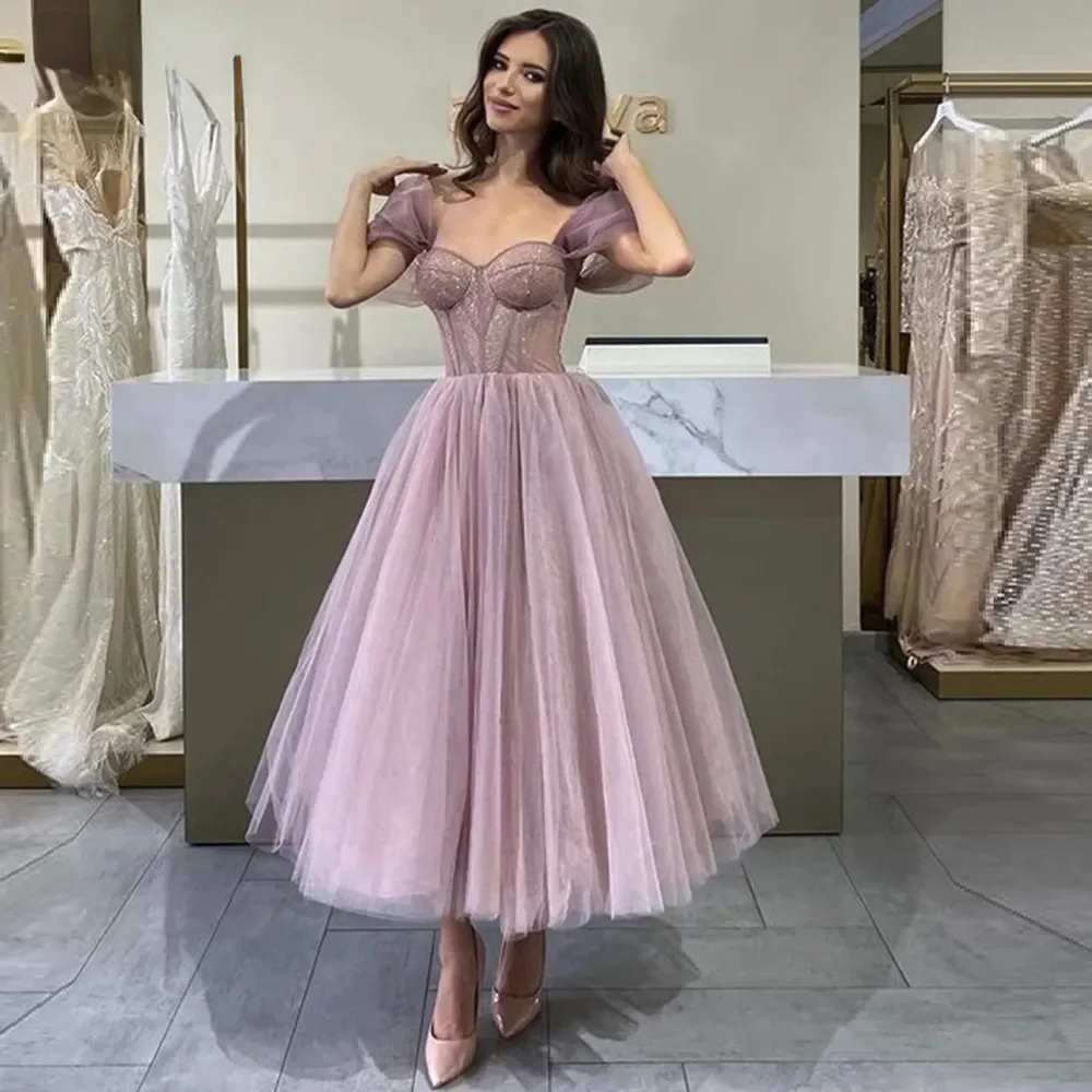 

Off the Shoulder Sweetheart A Line Prom Gowns Custom Made Tea Length Short Prom Dresses