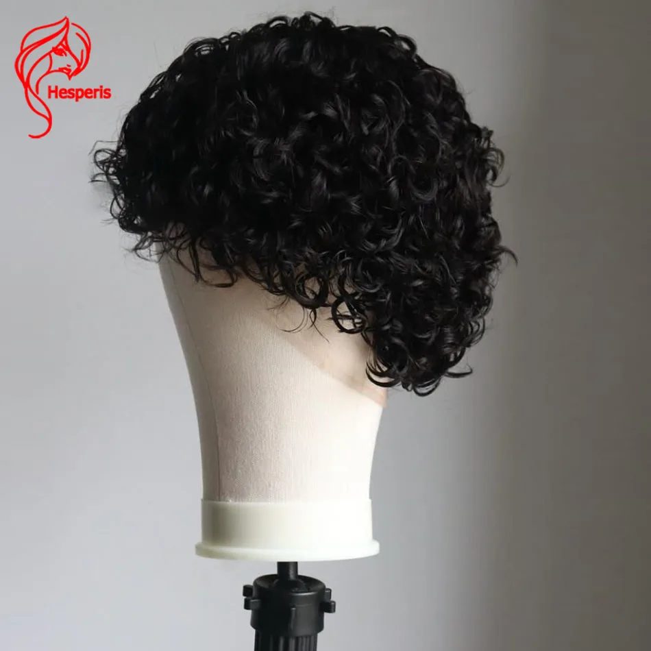 Hesperis Brown Curly Full Lace Human Hair Wigs Brazilian Remy Pixie Cut Curly Bob Full Lace Men's Wig Short Curl Boy Wig