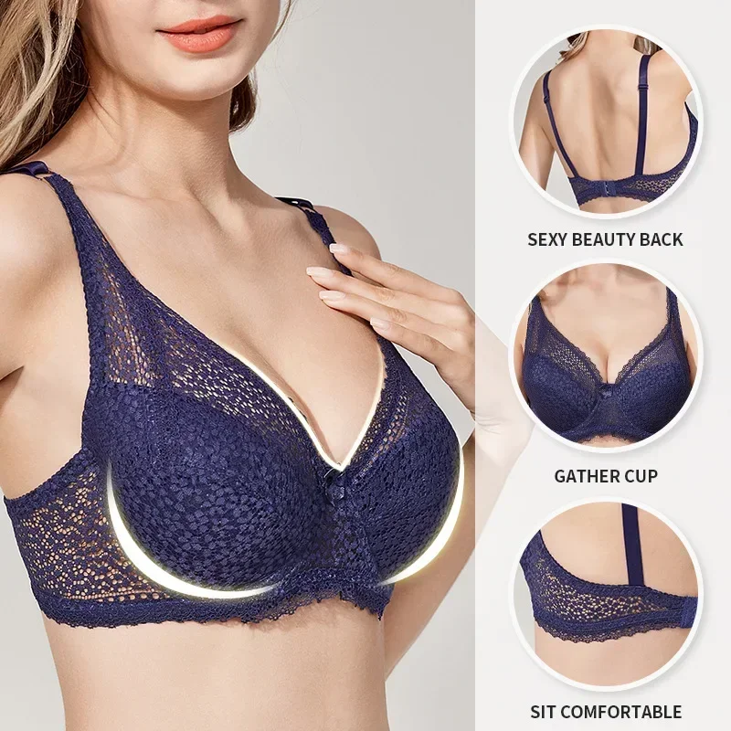 Underwear Adjustment Type Thin Large Chest Show Small Gathered Women's Large Lace Steel Band Bra 2
