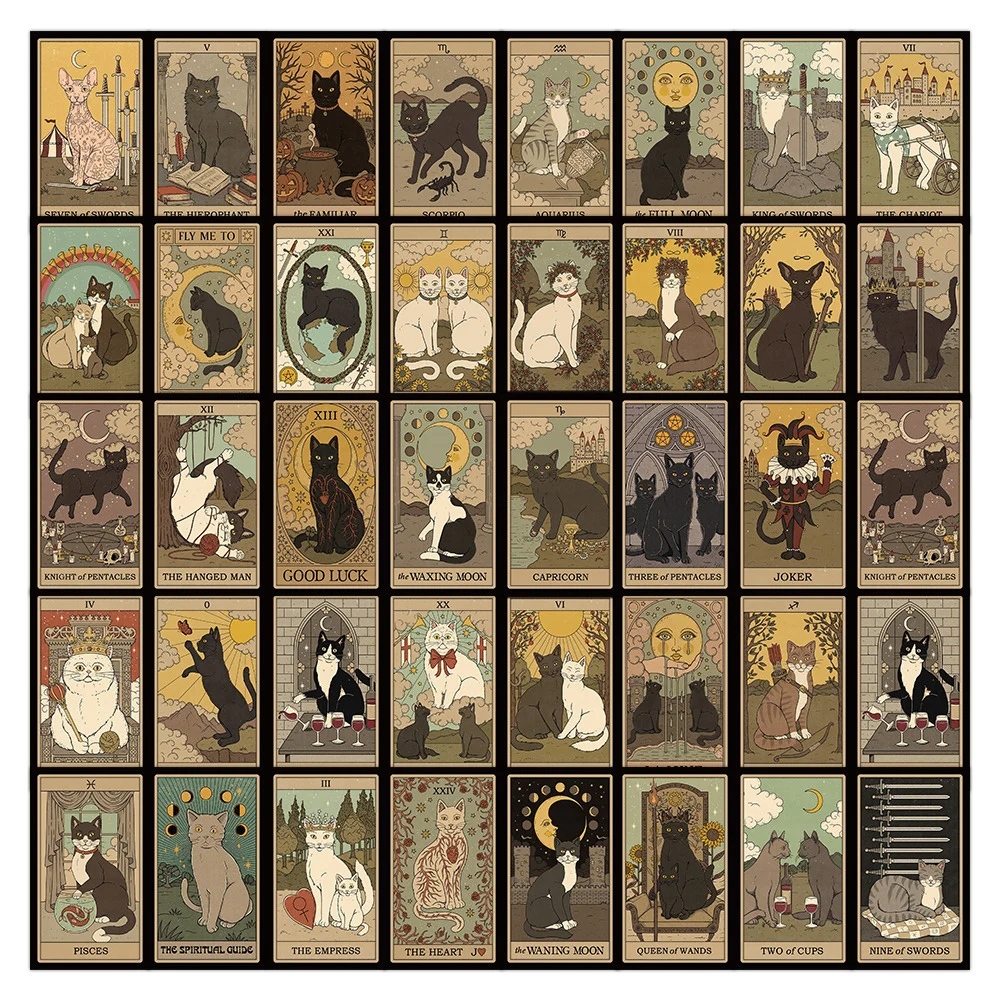 10/30/53PCS Vintage Cat Black Base Tarot Cards Cartoon Sticker DIY Phone Stationery Laptop Retro Graffiti Decals for Kids Toys 10 30 60pcs gothic tarot graffiti waterproof stickers cartoon decal notebook motorcycle skateboard laptop phone kid sticker toy