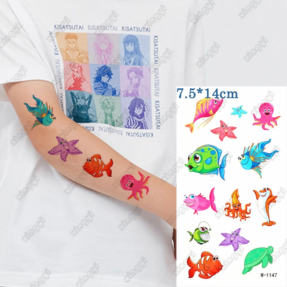 

Cartoon Animal Waterproof Temporary Tattoo Sticker Whale Starfish Octopus Goldfish Turtle Flash Tatoo Fake Tatto Kids Women Men