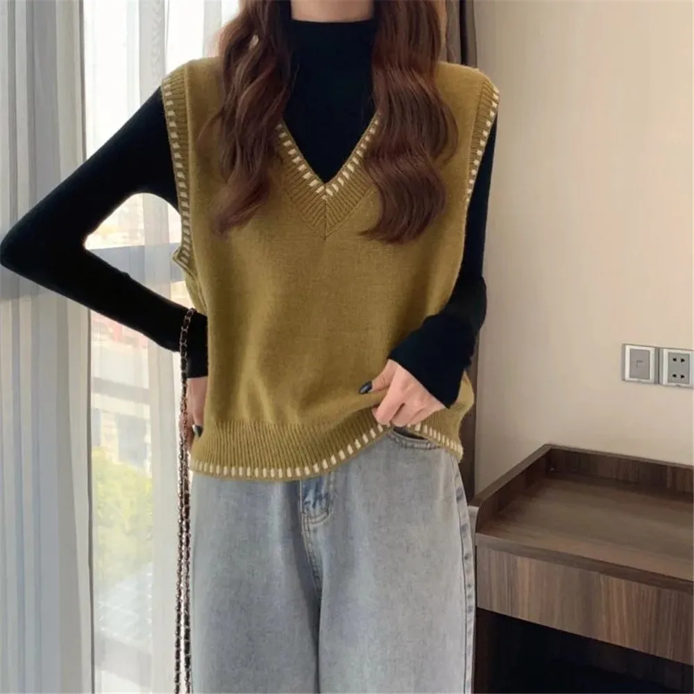 

Autumn Winter Fashion Solid Casual Pullover vintage Vest Women's Loose Knitted Top Student Sweater Gentle All-Matchy2k clothin