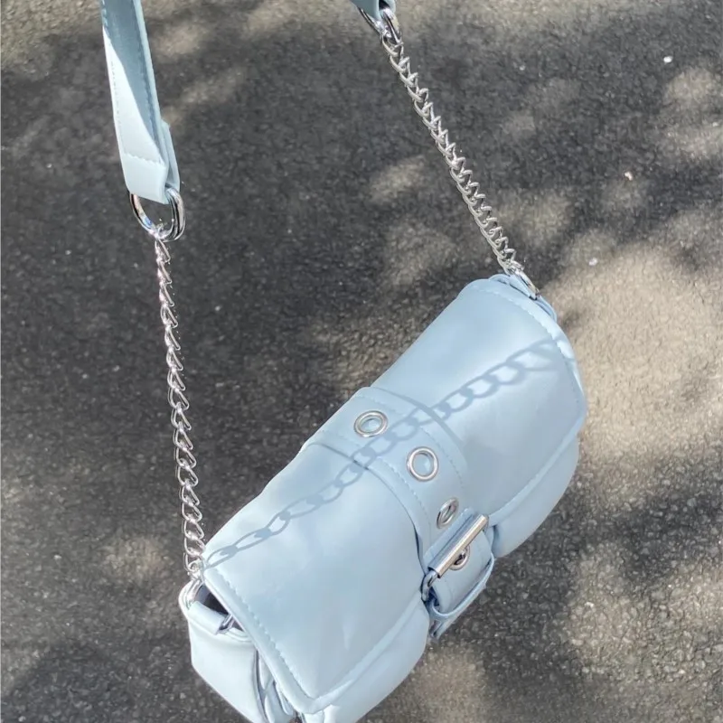 Hot Girl Sweet Blue Shoulder Bags Women Retro Chain Square Leather Large Capacity Handbag Ladies Lightweight Casual Underarm Bag