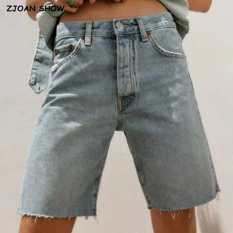 

2023 American Retro Washing Blue Fringed Bur Cuff Mid Waist Denim Shorts Women Above Knee Length Straight Jeans Short Trousers