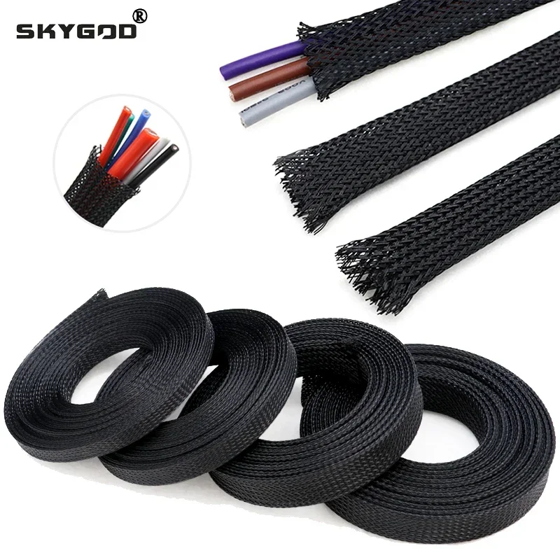 PET Braid Sleeves 1~50m PET Braid Sleeves Black 2/4/6/8/10/12/14/16/20/25/30/35/40/50/60mm High Density Insulated Snake Skin Cable Wrap Sheath
