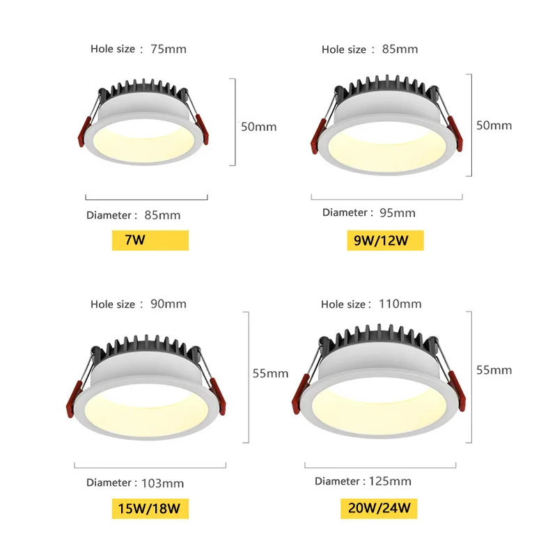 LED Downlight Recessed Ceiling Spotlight Anti Glare Dimmable Recessed Downlight Lamp 7w 9w 12w 15w Led Spot Light 220V/110V Ceiling Round Pane for Home Lighting