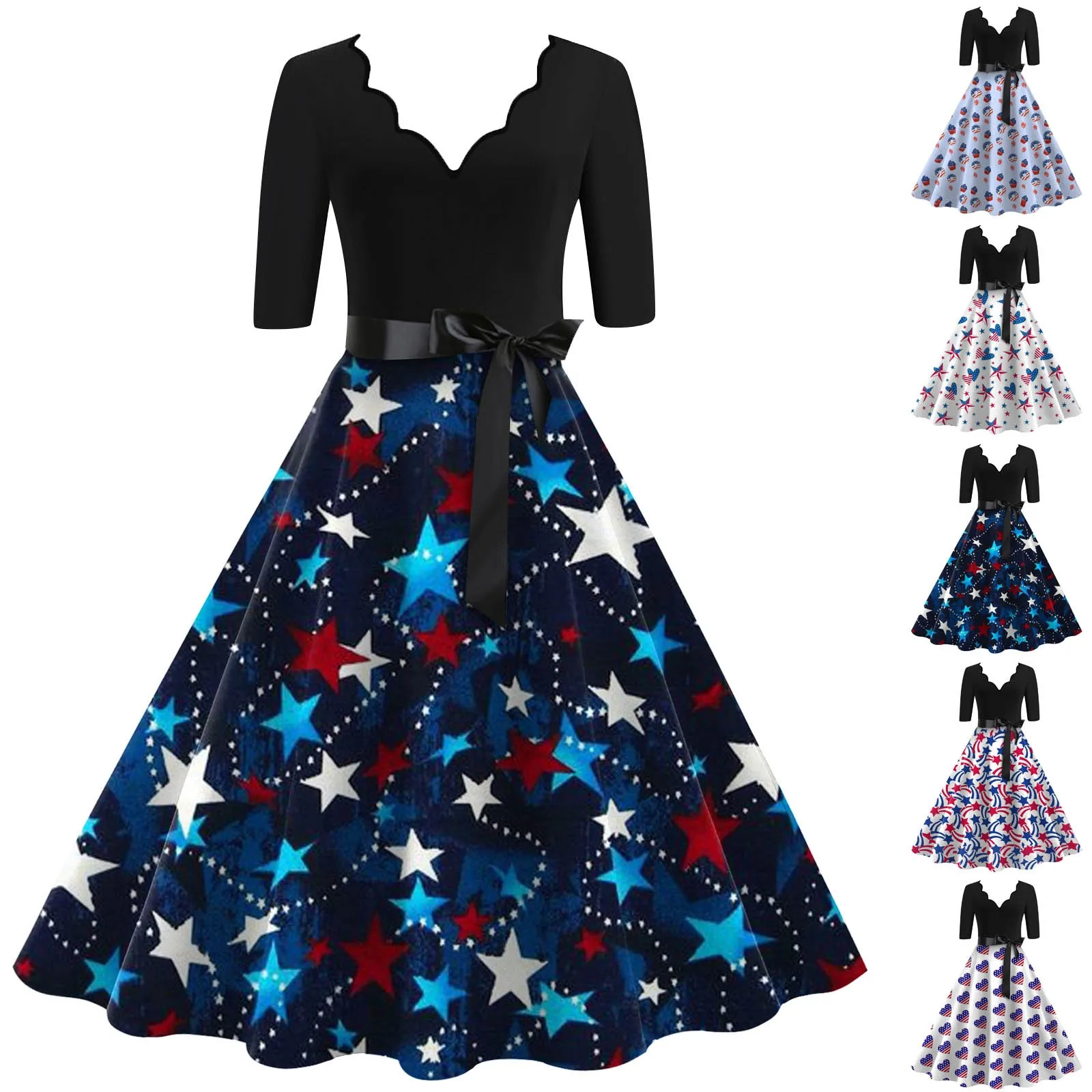 

Women'S Fashion Dress With Belt Stylish V Neck Seven Quarter Sleeve Stretch Independence Daily Wide Leg Printed Vestidos