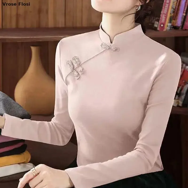 Cheongsam Women's Plus Size Stand Collar Tops Winter Cotton Blend Pure Color Long Sleeve Chinese Style Qipao Shirts Woman